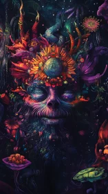 Psychedelic cosmic primate deity with bioluminescent floral crown
