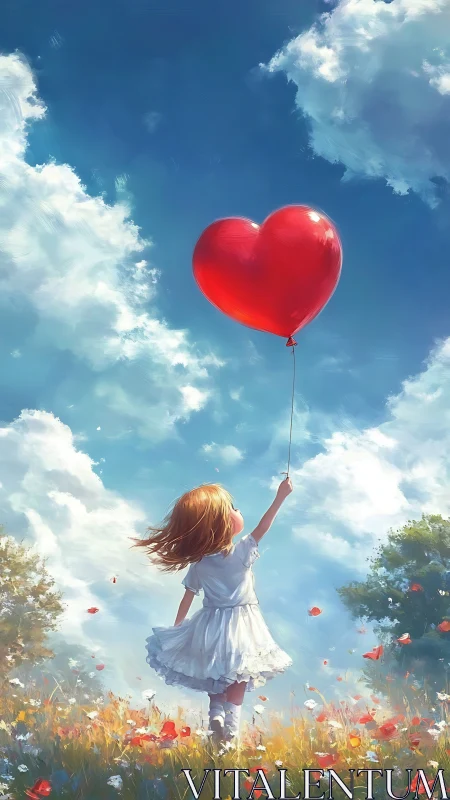 Girl with heart-shaped balloon in field under sky.