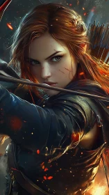 Battle-worn archer draws flaming arrow with dynamic motion blur