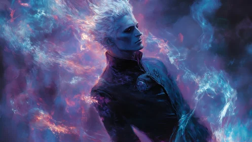 Ethereal white‑haired figure in turbulent chromatic nebula field.