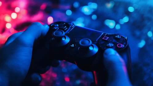 Gaming controller in neon blue and pink bokeh light closeup.