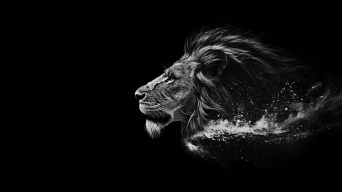 Monochrome lion profile with particle dispersion effect on black