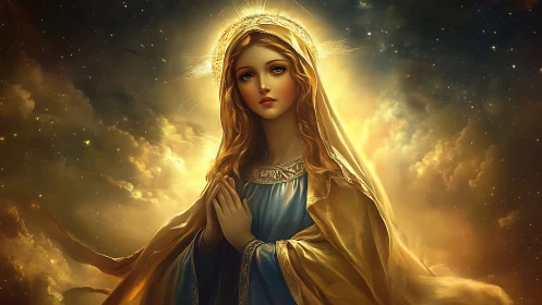 Golden sky halo around serene woman in glowing robes.