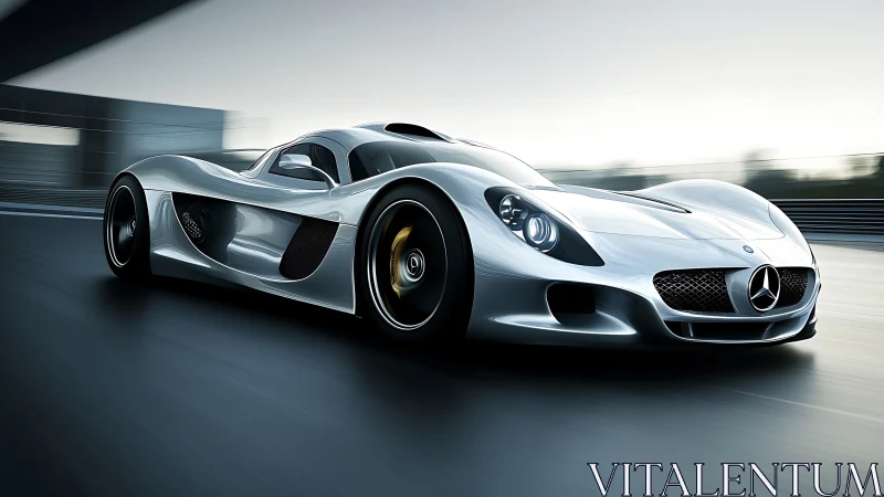 Silver Mercedes concept supercar racing on modern track.
