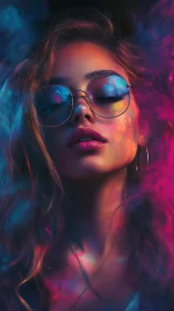 Neon dreamer with cosmic glasses adrift in color haze.