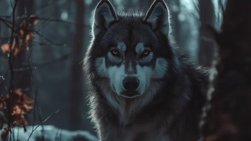 Moonlit gray wolf meets the quiet calm of a winter forest