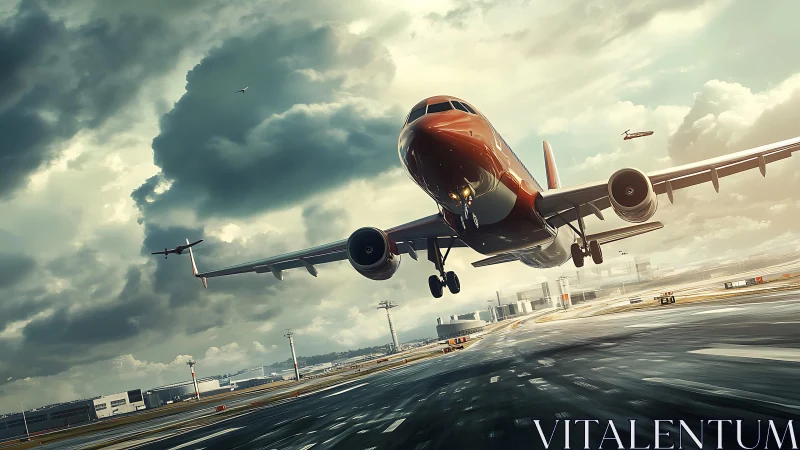 Dramatic airliner touchdown under stormy airport skies.