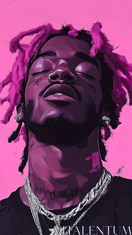 Vibrant pink portrait of rapper in stylized digital illustration.