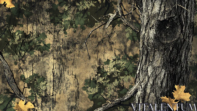 Weathered Wood Surface With Autumn Leaves and Organic Growth