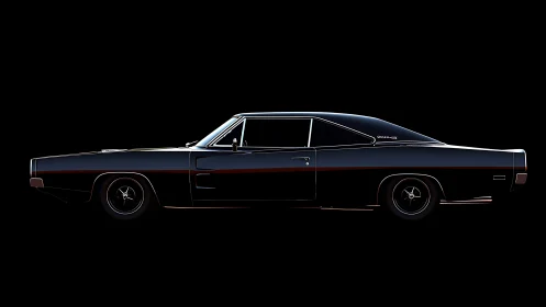 Midnight muscle car profile in high-contrast side lighting.