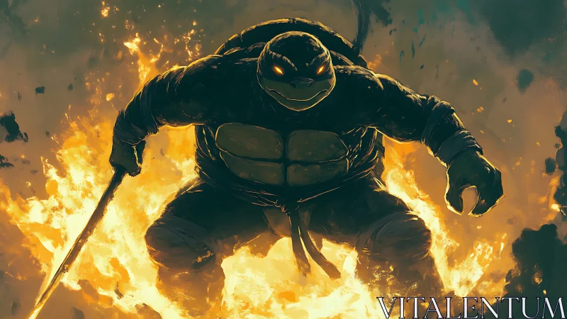 Flame-lit mutant warrior strides from inferno with steel.