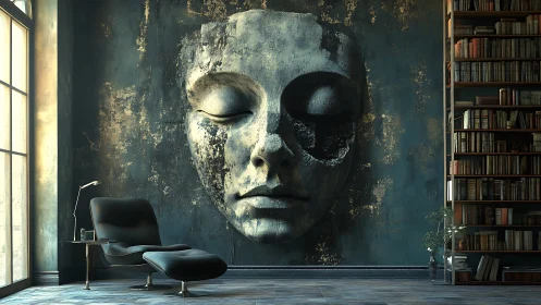 Eroded stone face mural anchors moody modern reading lounge