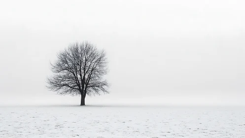 Solitary winter tree in minimalist snowbound horizonscape.