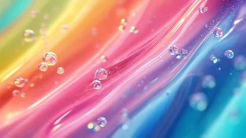 Shimmering rainbow waves flow gently with sparkling bubbles