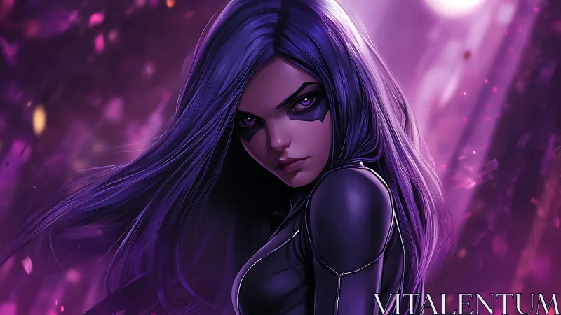 Violet haired vigilante in glowing cyber mystic forest.
