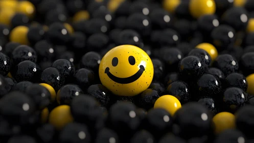 Smiling yellow sphere stands out among glossy black balls, digital art.