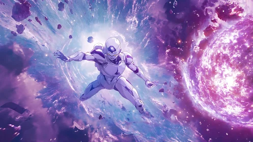 Starlit quantum diver surfs a violet supernova storm.