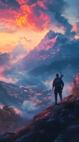 Solitary hiker overlooks vast, vividly lit mountain valley