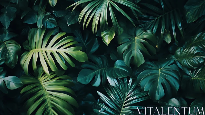 Overlapping tropical leaves form dense, layered green foliage