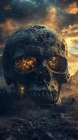 Molten-eyed skull glows against a stormy, fading sky
