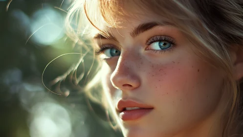 Hyper-detailed bokeh portrait renders freckled skin and rim lighting