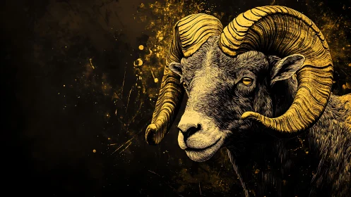 Golden ram portrait with textured ink linework on black field.