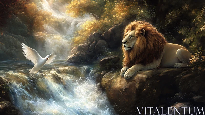 Lion and white dove converge beside sunlit cascading waterfall