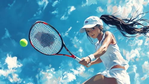 Young tennis player drives forehand under vivid blue sky