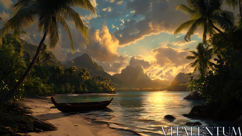 Tropical lagoon with moored vessel at sunset.