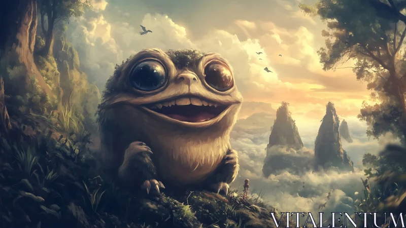 Smiling creature overlooks misty fantasy valley at sunrise