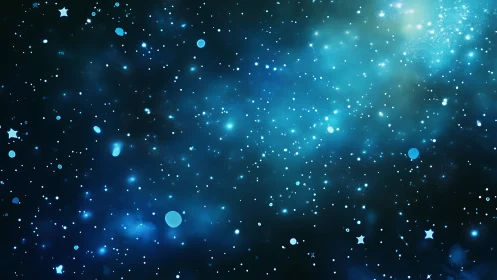 Blue starfield with dense glowing particles in deep space.