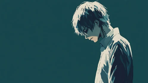 Quietly glowing resolve in a teal-shadowed anime portrait.