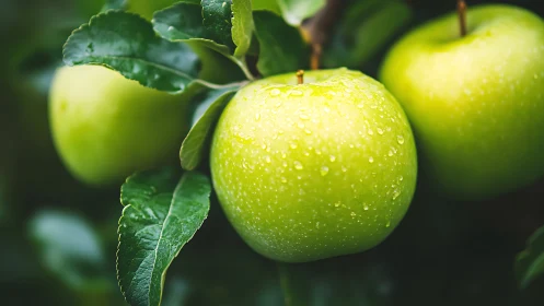 Fresh green apples on tree branch with water droplets.