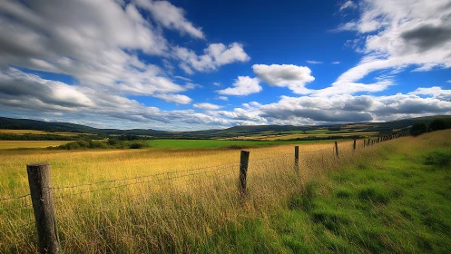 Golden fields roll beneath bright clouds and a vivid blue sky