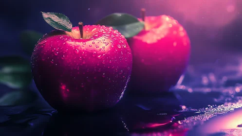 Moody close-up of two red apples with water droplets.