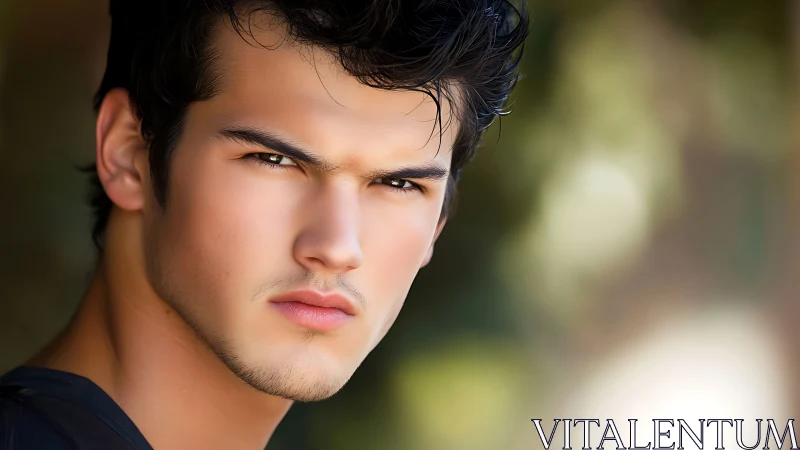 Intense male portrait with sharp focus and soft bokeh background.