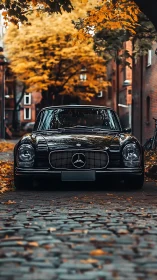Classic black Mercedes parked on cobblestone street in autumn