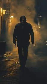Lone gunman emerging through smoky alleyway haze at night.