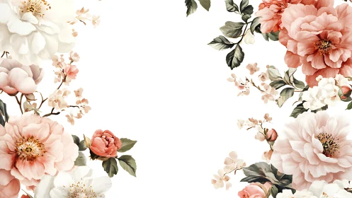 Botanical floral arrangement with pink peonies and white blooms.