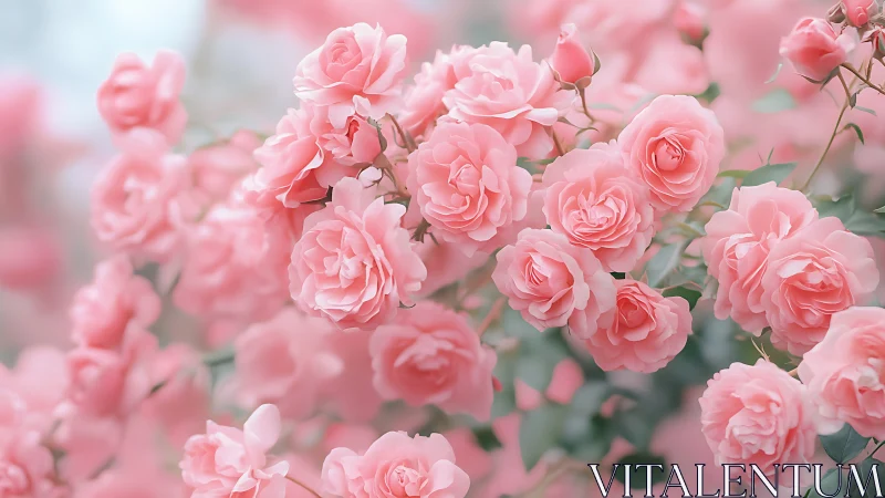 Abundant Pink Roses Blooming in Soft Garden Light.