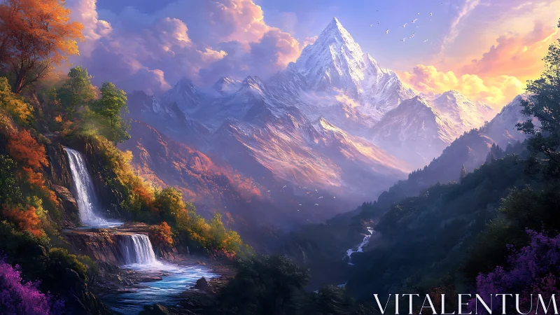 Radiant alpine peak above cascading forest waterfalls.