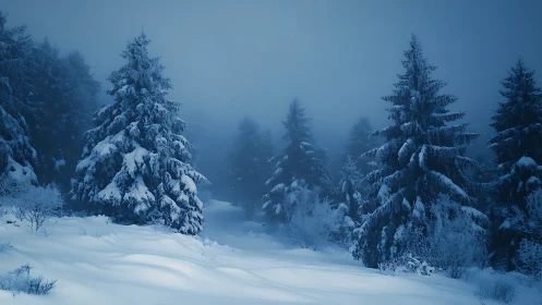 Snow covered conifer forest landscape in dense winter fog.