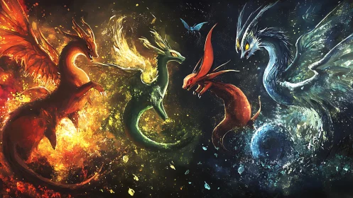 Elemental dragon creatures in vivid fiery and icy clash.
