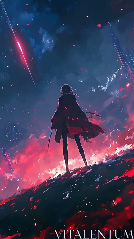 Lone cloaked warrior surveys burning cosmic horizon.