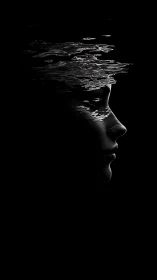 Quiet profile emerging from rippling silver thoughts.