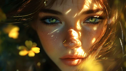 Optical close-up of green-eyed girl in dappled sunlit flora.