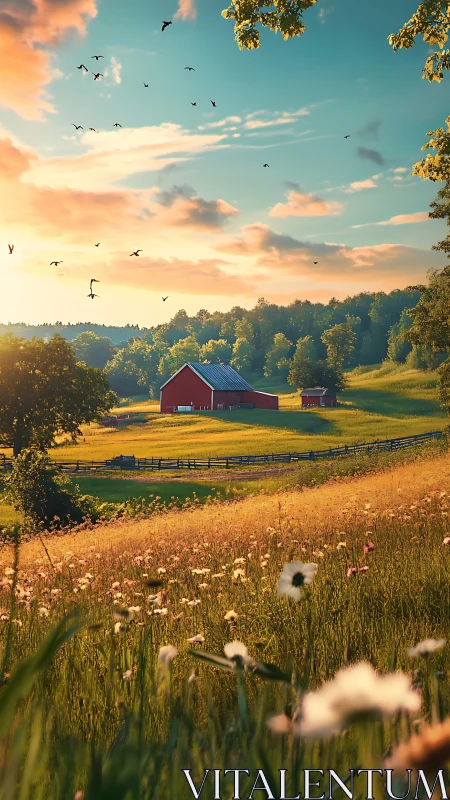 Red barn stands in sunlit rural valley with wildflower field