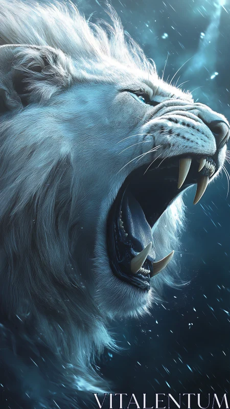 Side profile of roaring white lion in cold blue light.