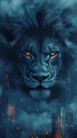 Nocturnal ember-eyed lion crowned above stormlit cityscape.