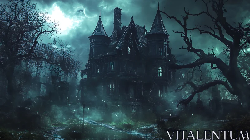 Gothic mansion looms in fog under crescent moonlit storm